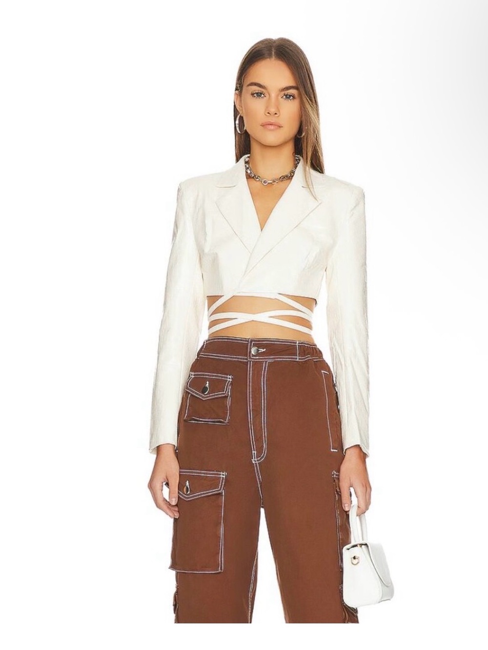 h:ours White Cropped Wrap Leather Jacket Alvina Cropped Ivory Jacket